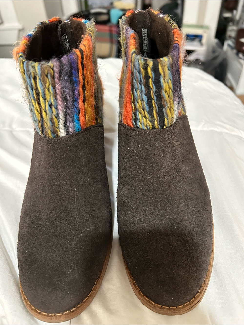 Toms Brown Suede Ankle Boots with Multicolor Knit Cuff Leila
